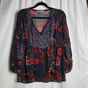 Daniel Rainn Floral Print Boho Peasant Blouse Top Women Size L Navy Red Blue
